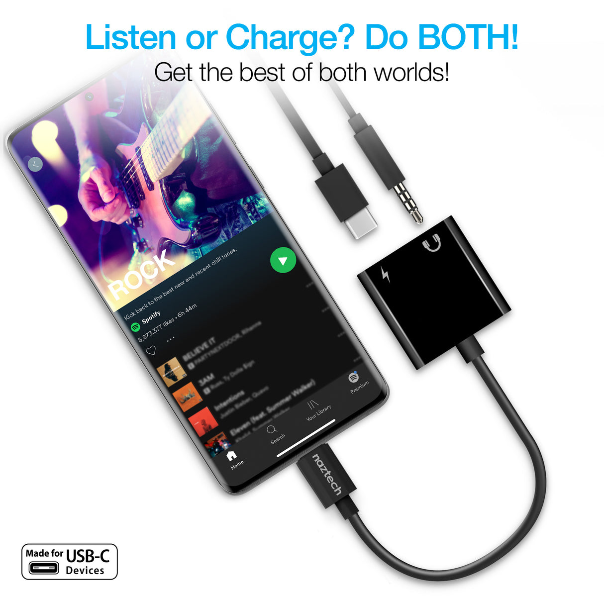 Naztech Audio + Charge Adapter for USB-C Devices  3.5mm Aux and USB-C