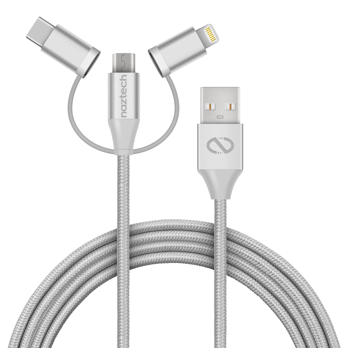 Hybrid 3-in-1 USB to Micro USB + USB-C + MFi Lightning Braided Cable 6ft Gray