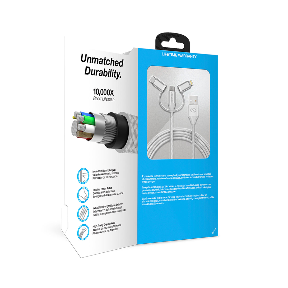 Hybrid 3-in-1 USB to Micro USB + USB-C + MFi Lightning Braided Cable 6ft Gray