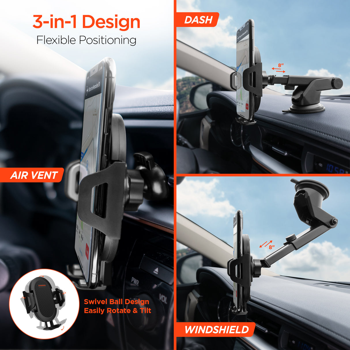 3-in-1 Phone Mount Kit Vent + Dashboard + Windshield