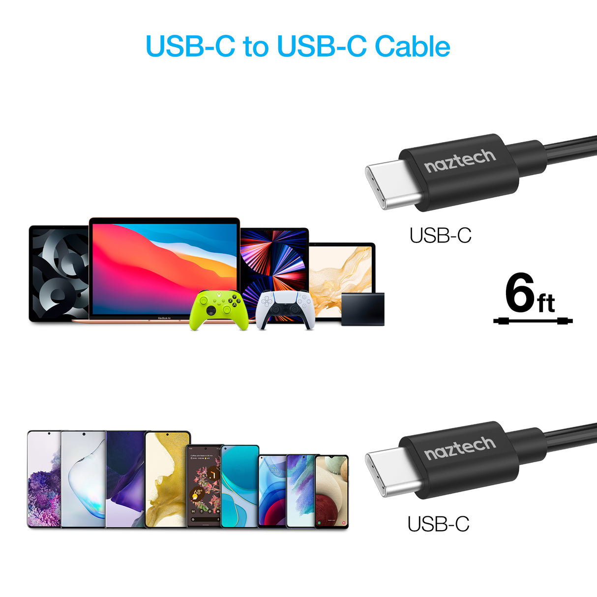 Cargador de pared Naztech PD de 30 W + cable USB-C a USB-C de 6 pies