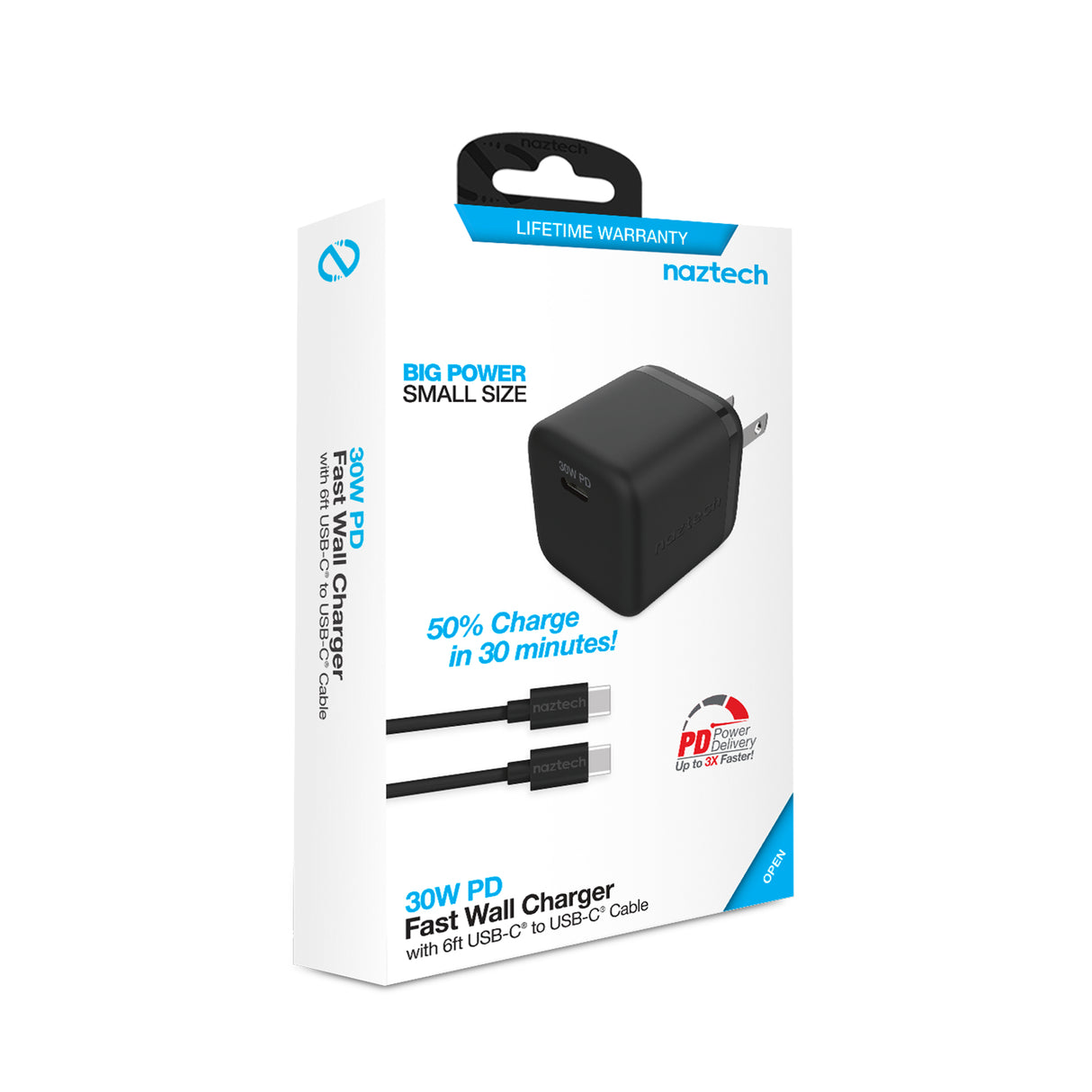 Cargador de pared Naztech PD de 30 W + cable USB-C a USB-C de 6 pies