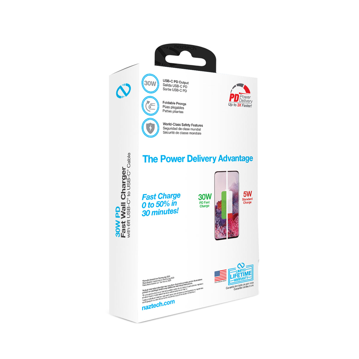 Cargador de pared Naztech PD de 30 W + cable USB-C a USB-C de 6 pies