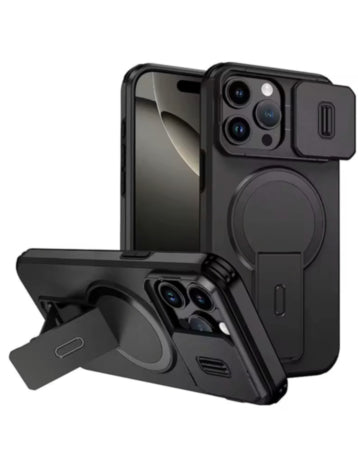 Magnetic Push Slide Lens Case with Kickstand- BLACK for iPhone 15 Pro Max