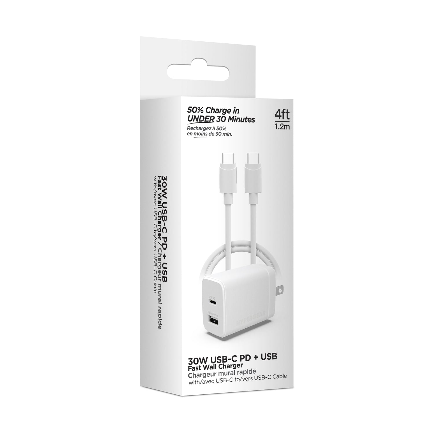 HyperGear Basics | 30W USB-C PD + USB Fast Wall Charger | 4ft USB-C Cable | White