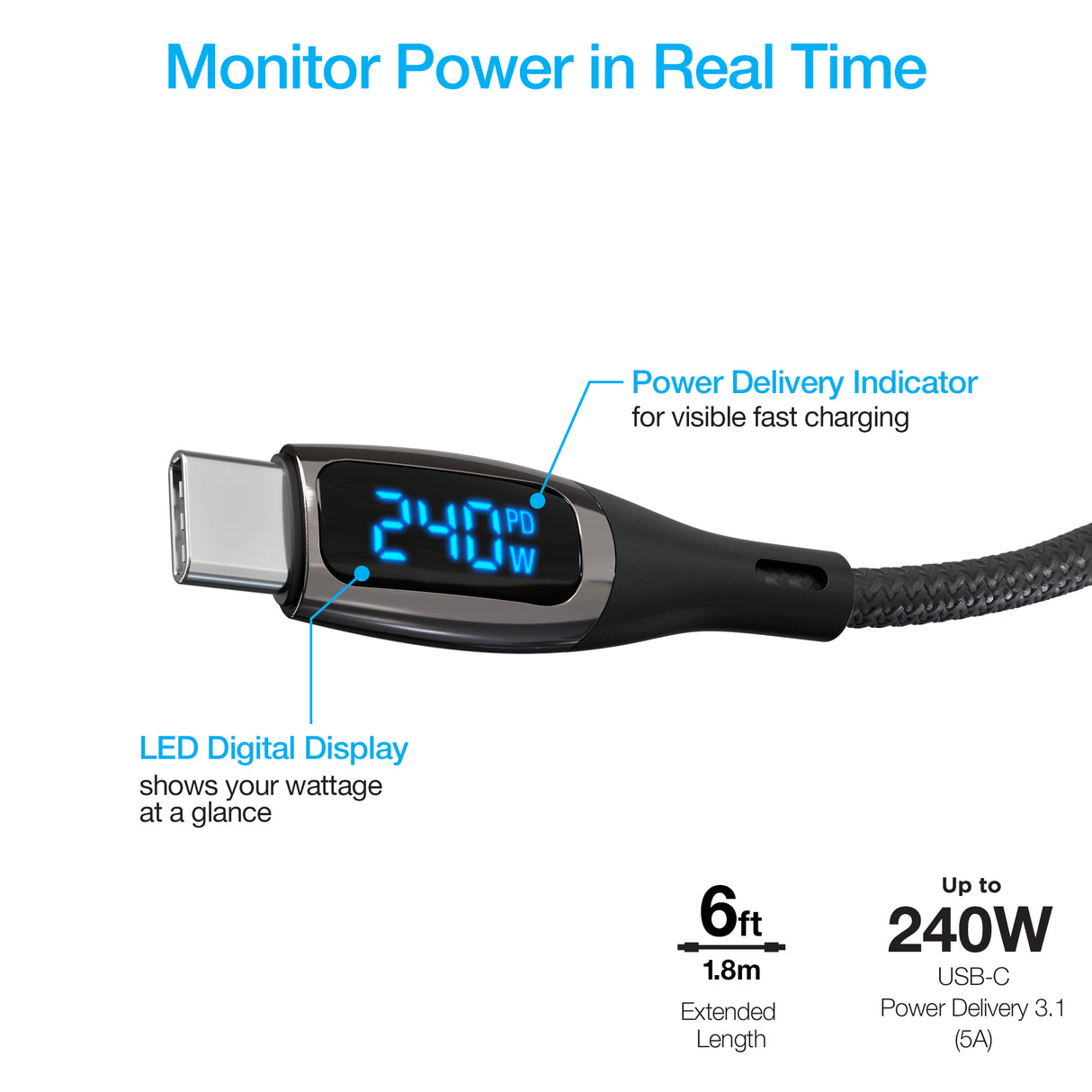 NAZTECH DigiWATT 240W USB-C to USB-C Digital Fast Charge Cable with LED Power Display