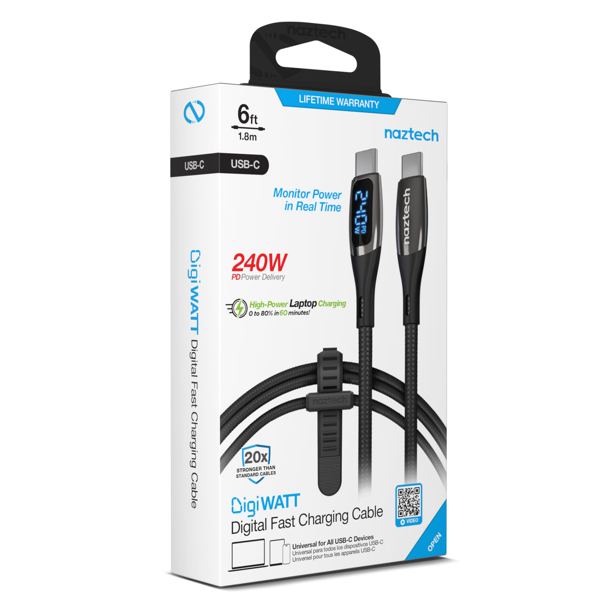 NAZTECH DigiWATT 240W USB-C to USB-C Digital Fast Charge Cable with LED Power Display