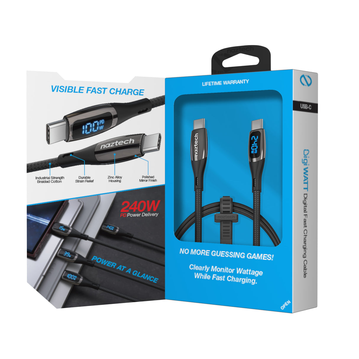 NAZTECH DigiWATT 240W USB-C to USB-C Digital Fast Charge Cable with LED Power Display