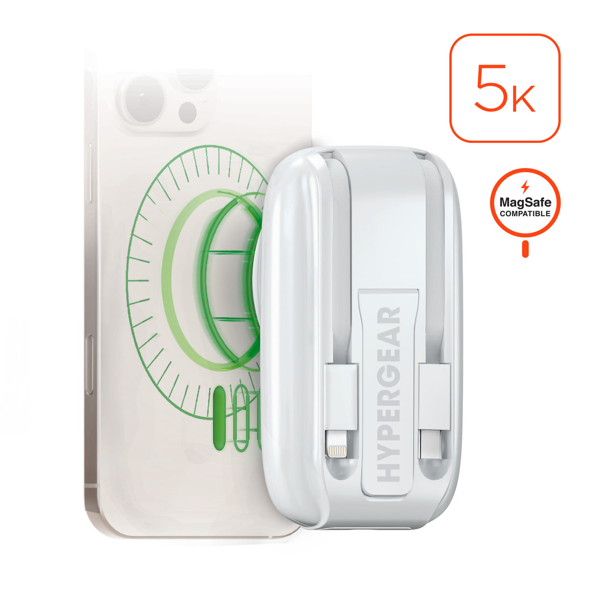 HYPERGEAR 5,000mAh Mag Grip Go Magnetic Wireless Fast Charge Power Bank with Built-In Cables