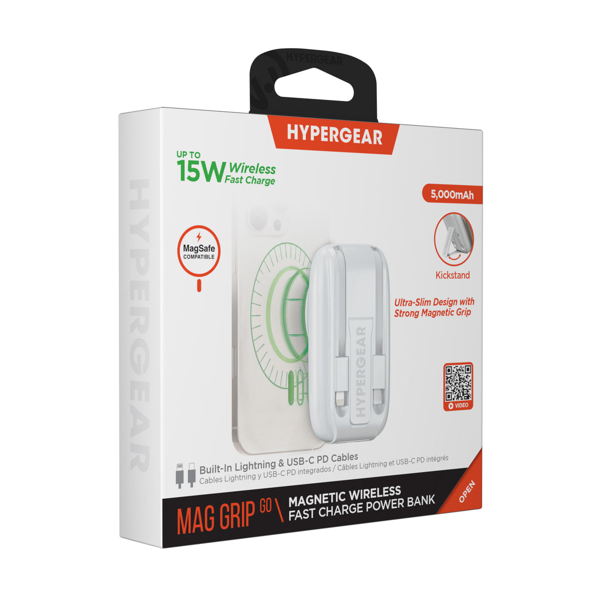 HYPERGEAR 5,000mAh Mag Grip Go Magnetic Wireless Fast Charge Power Bank with Built-In Cables