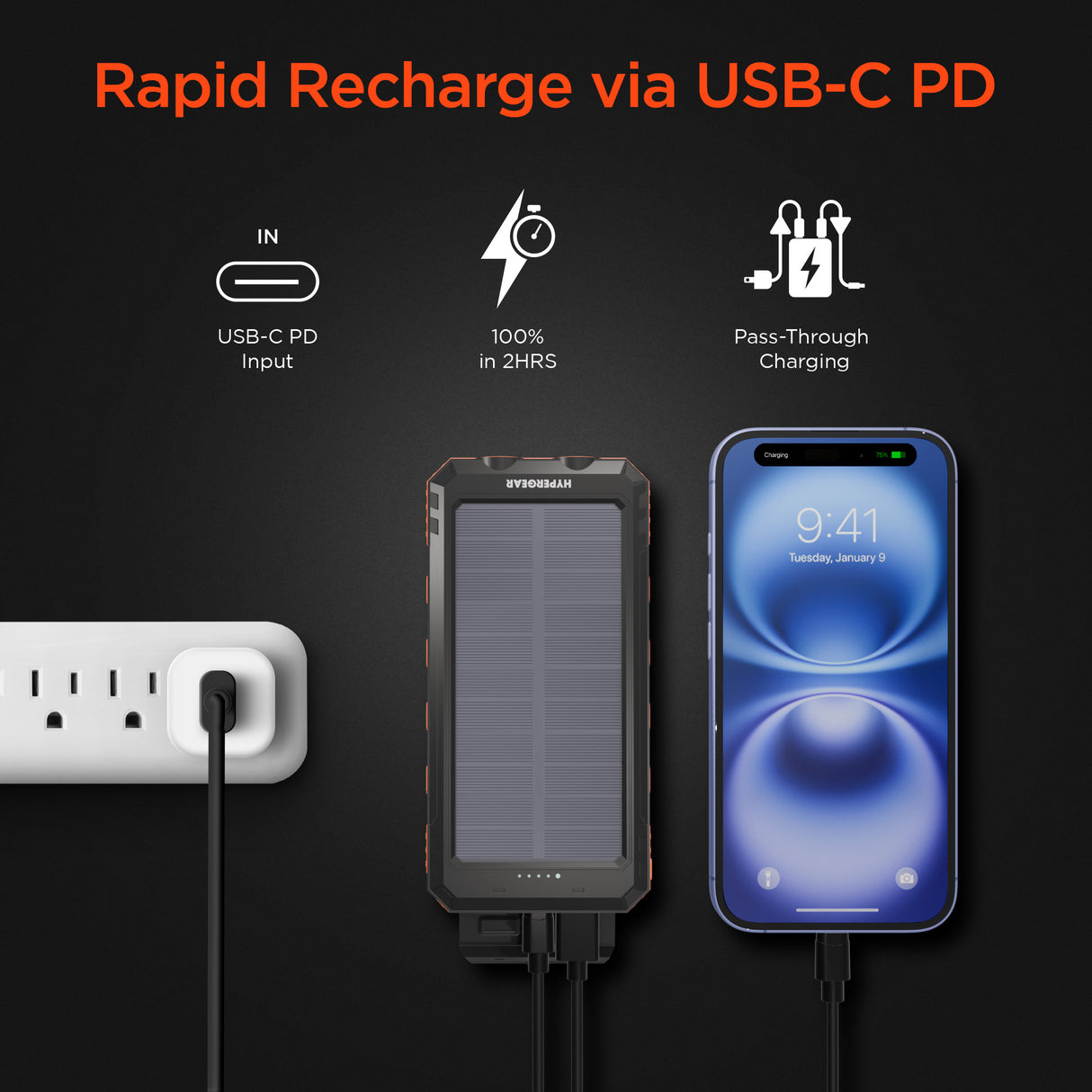 HYPERGEAR 10,000mAh SolPro 10K Fast Charge Solar Power Bank with 20W USB-C PD