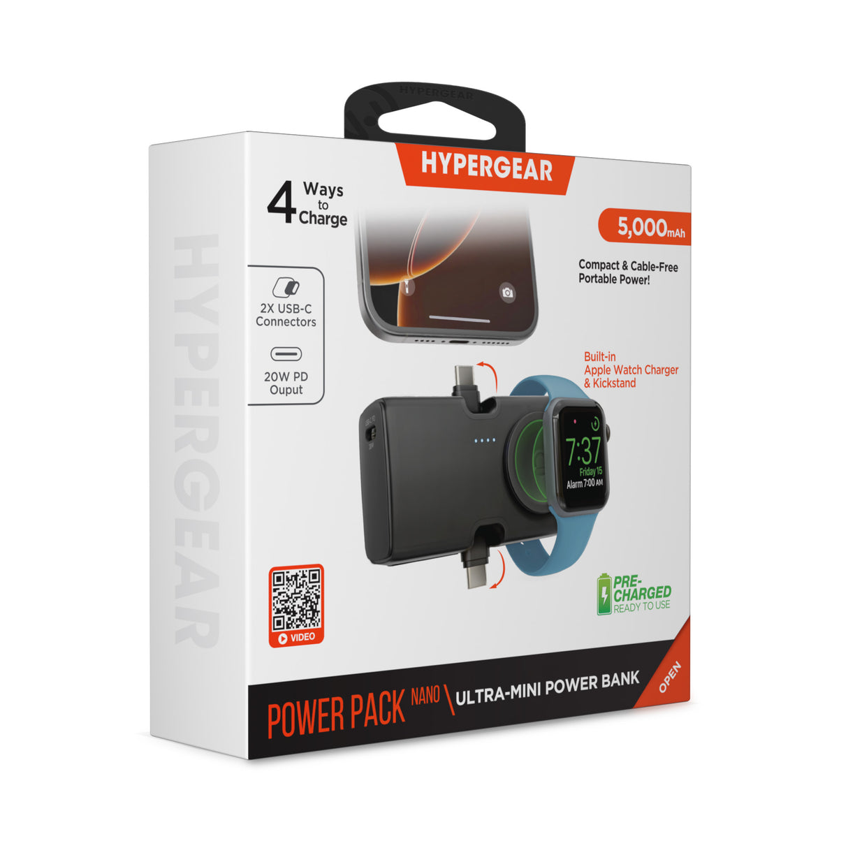 HyperGear 5 ,000mAh Power Pack Nano Ultra-Mini Power Bank with Built-In Apple Watch Charger