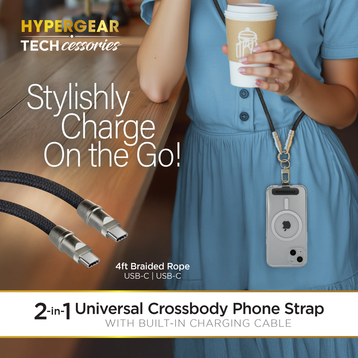 HyperGear TECHcessories 2-in-1 Universal Crossbody Phone Strap and Charging Cable