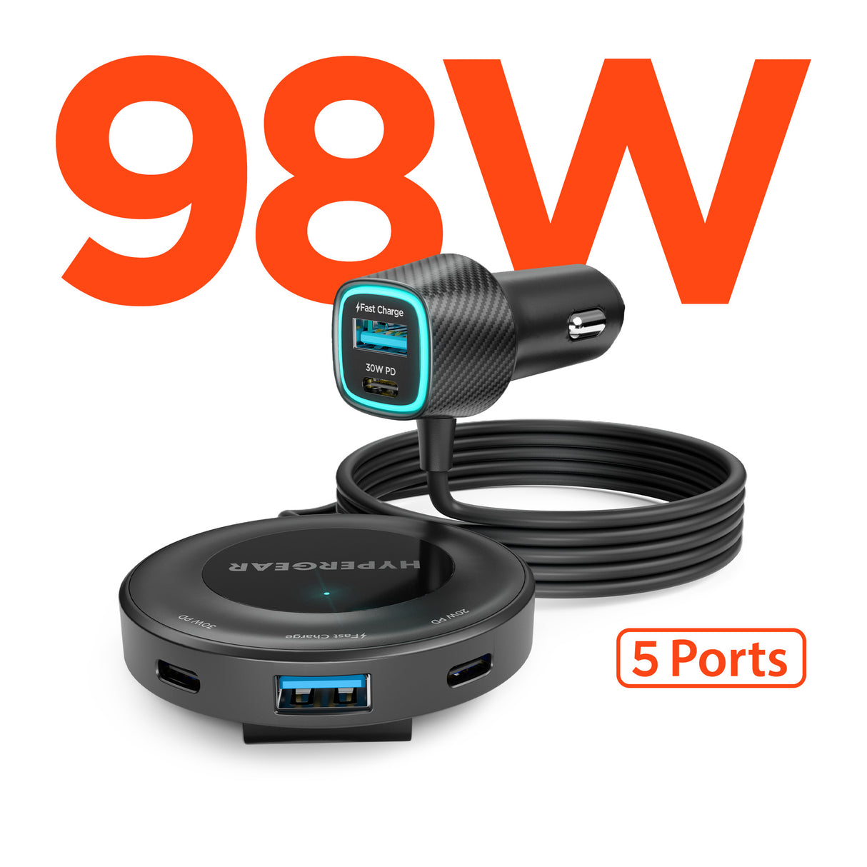 HYPERGEAR Road Runner 98W 5-Port Front & Backseat Fast Car Charger with Dual 30W USB-C PD PPS