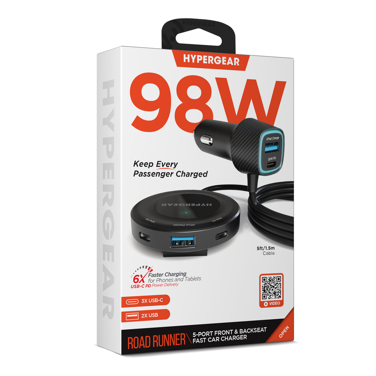 HYPERGEAR Road Runner 98W 5-Port Front & Backseat Fast Car Charger with Dual 30W USB-C PD PPS
