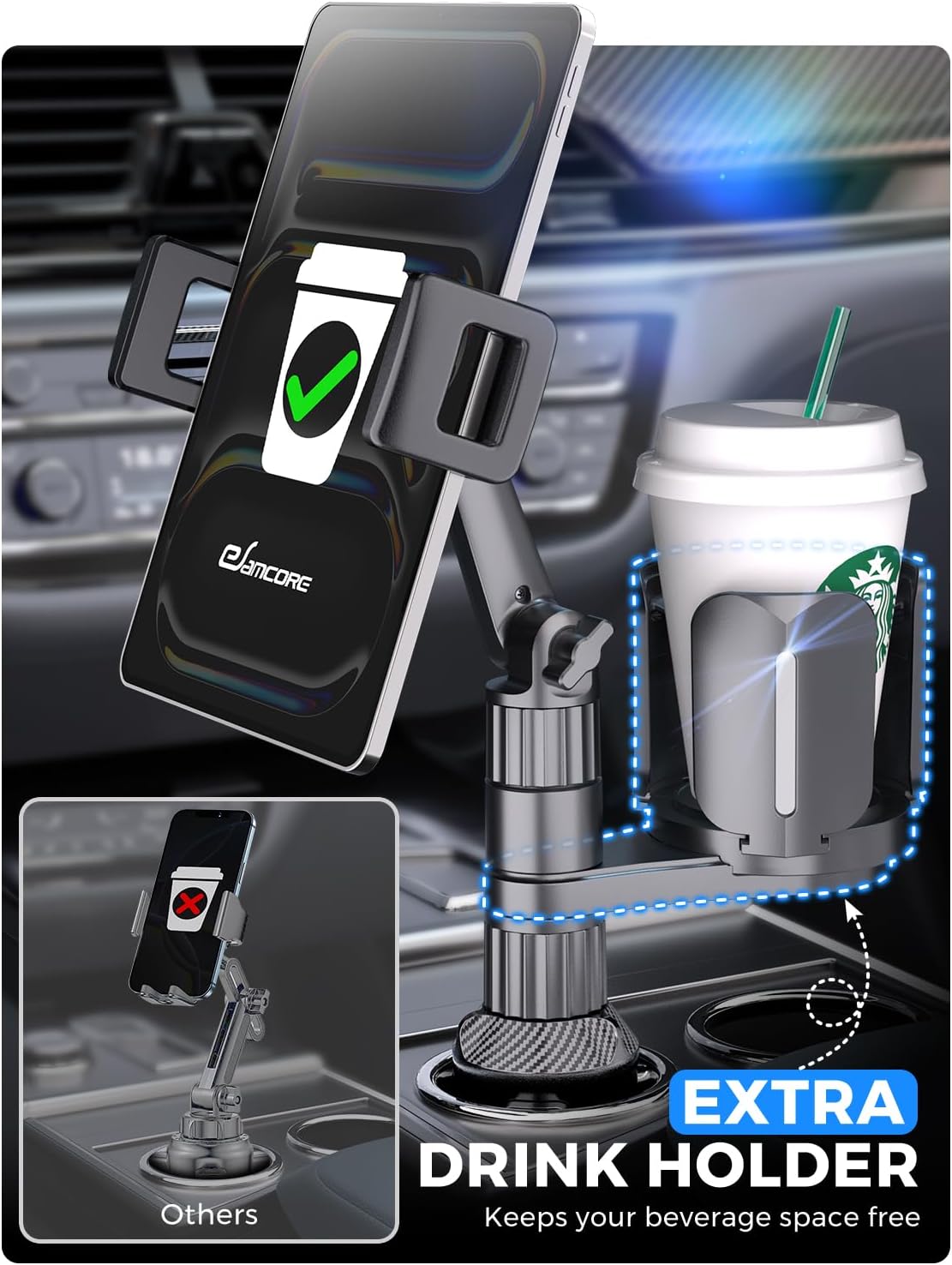 2-in-1 Tablet Cup Holder Mount, Extra Drink Holder for Car Truck iPad Stand