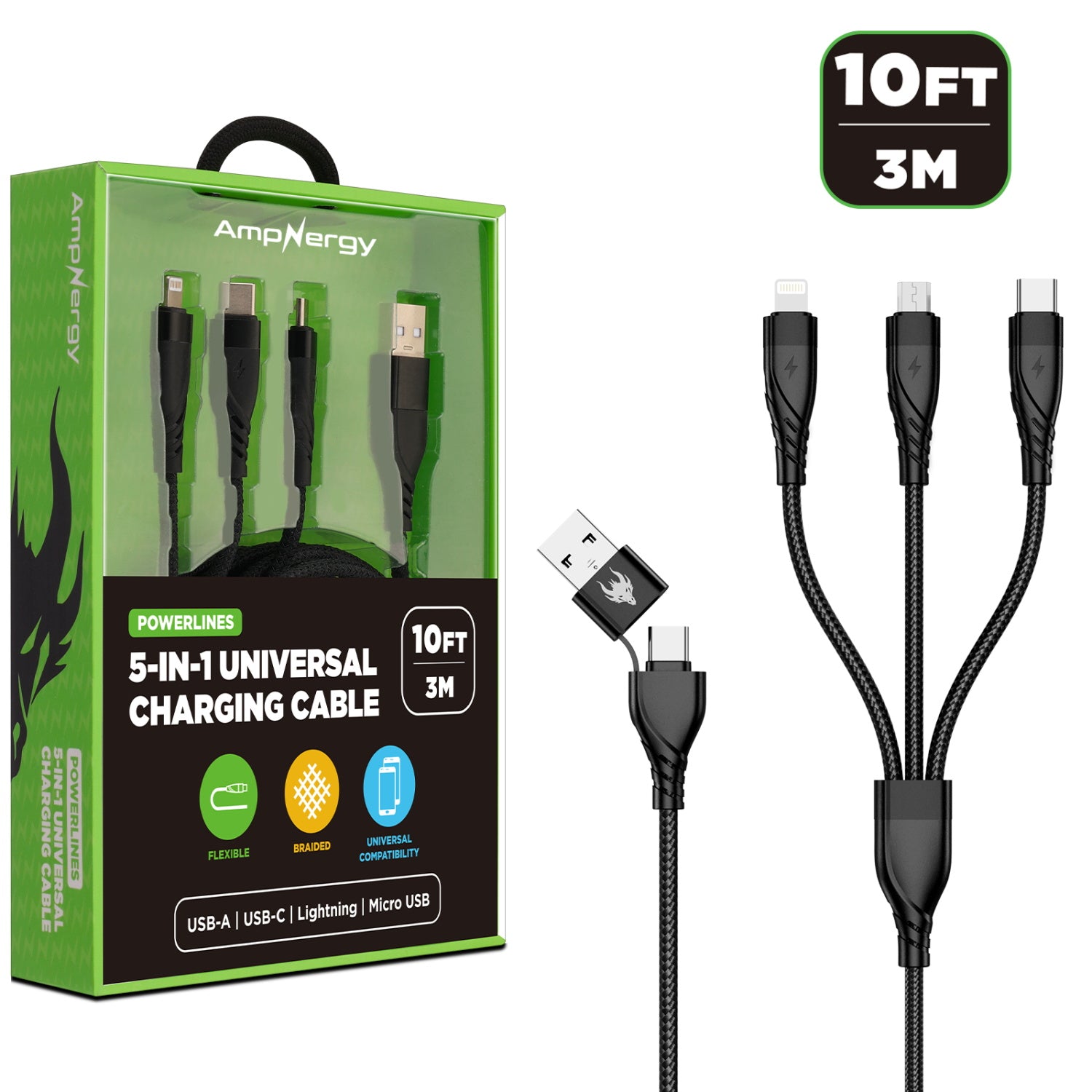 AmpNergy PowerLines 5-in-1 Universal Charging Cable – 10FT – Black