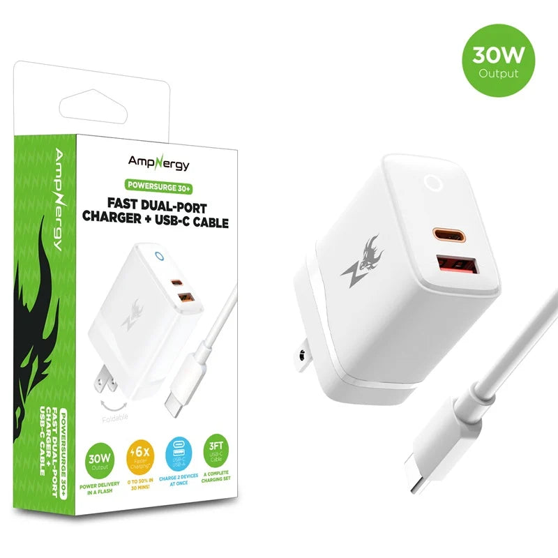 AmpNergy PowerSurge 30W Fast Dual-Port Charger w/ Foldable Plug with USB-C to USB-C Cable – White
