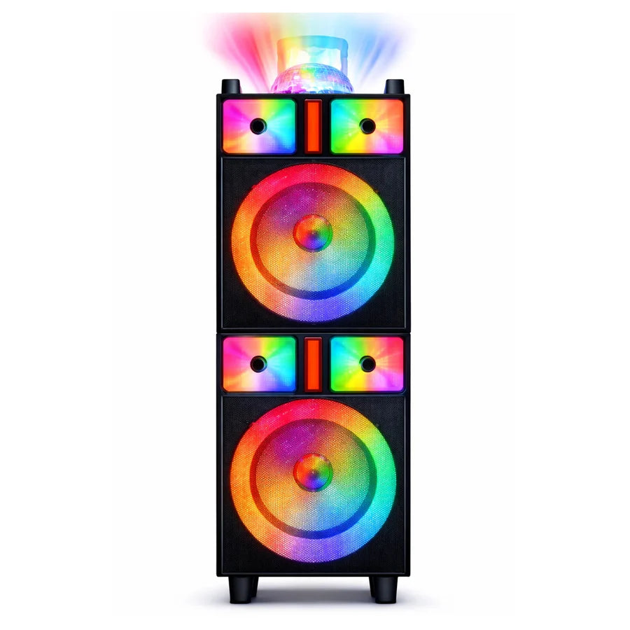MaxPower Dual 8" Woofer Bluetooth Karaoke Trolley Speaker with Dancing Disco Ball & LED Lights - Black