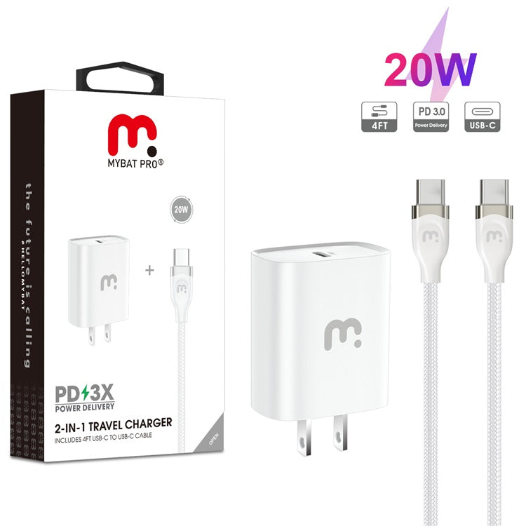MyBat Pro 2-In-1 Dual Port Fast Charging Power Delivery Wall Charger (20W) with USB-C Cable - White