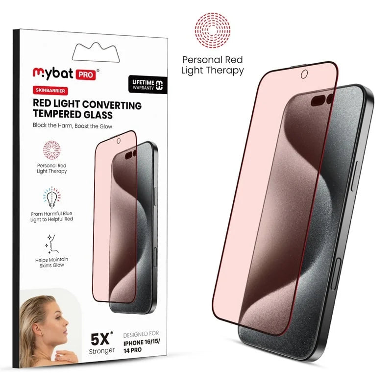 MyBat Pro SkinBarrier Red Light Converting Tempered Glass Screen Protector for Apple iPhone 16/iPhone 15 / 14 Pro – Black