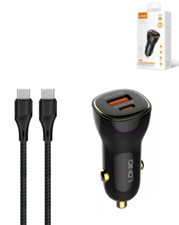LDNIO C103 PD QC4.0 Dual USB A+C Car Charger with USB C-C Cable (60W) (3ft)