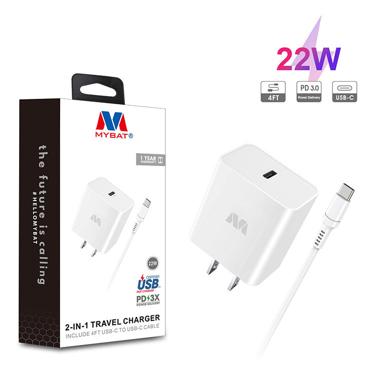 MyBat 2-in-1 22W Travel Charger with 4ft USB-C to USB-C Cable - White