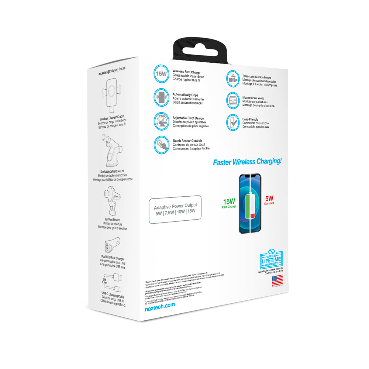 NAZTECH Smart Grip 15W sem fio de carregamento rápido suporte para ventilação + painel + pára-brisa preto