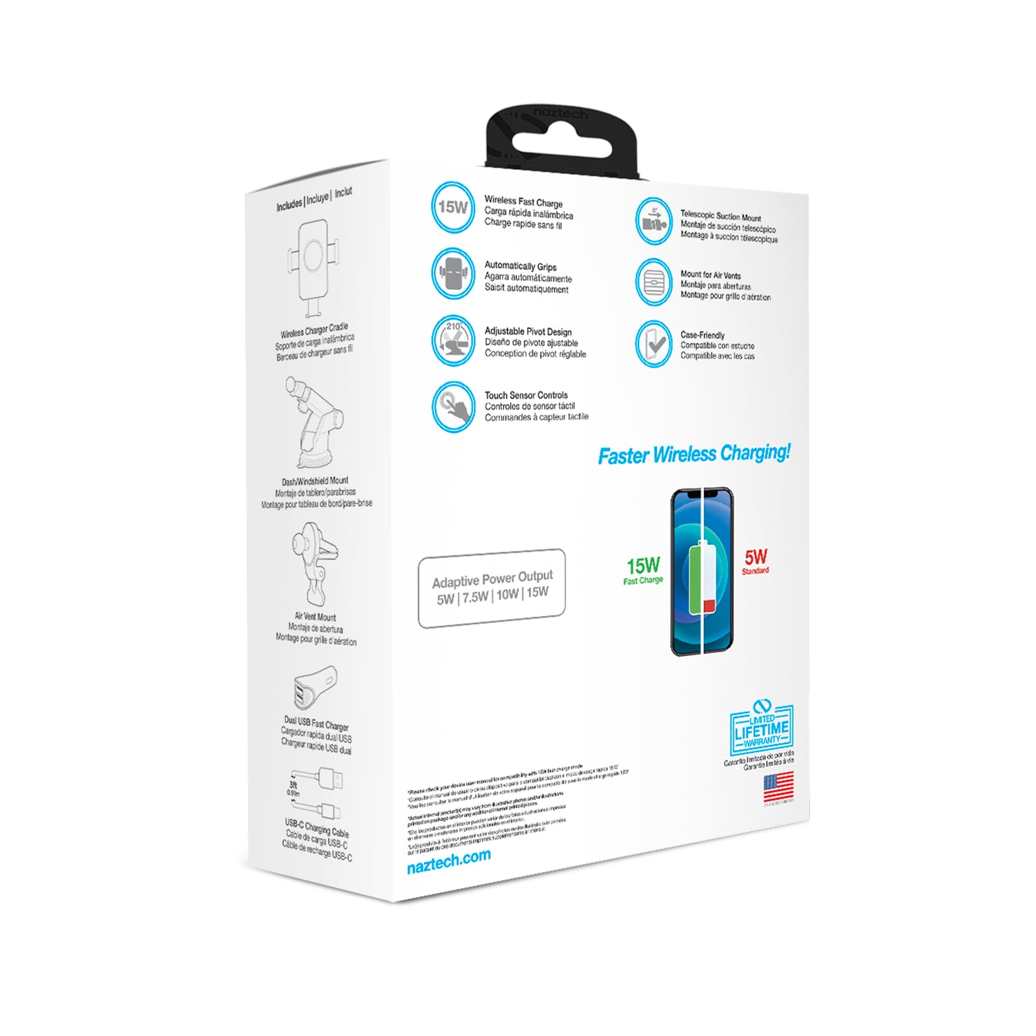 NAZTECH Smart Grip 15W sem fio de carregamento rápido suporte para ventilação + painel + pára-brisa preto