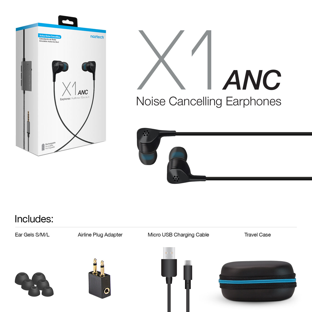 NAZTECH X1 ANC EARPHONES-BLACK : 3.5
