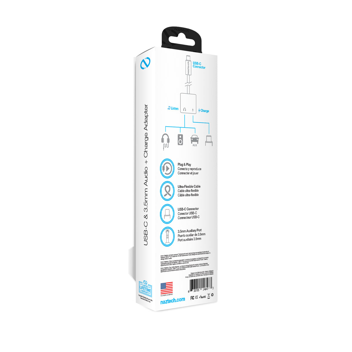 Naztech Audio + Charge Adapter for USB-C Devices  3.5mm Aux and USB-C