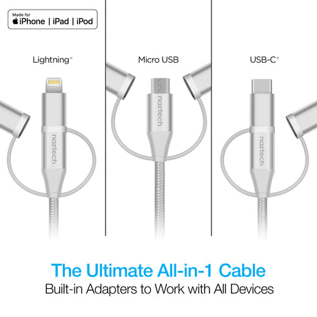 Hybrid 3-in-1 USB to Micro USB + USB-C + MFi Lightning Braided Cable 6ft Gray