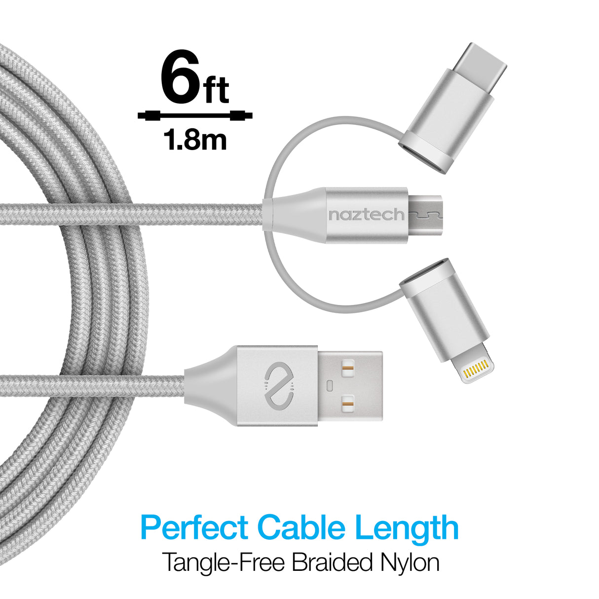 Hybrid 3-in-1 USB to Micro USB + USB-C + MFi Lightning Braided Cable 6ft Gray