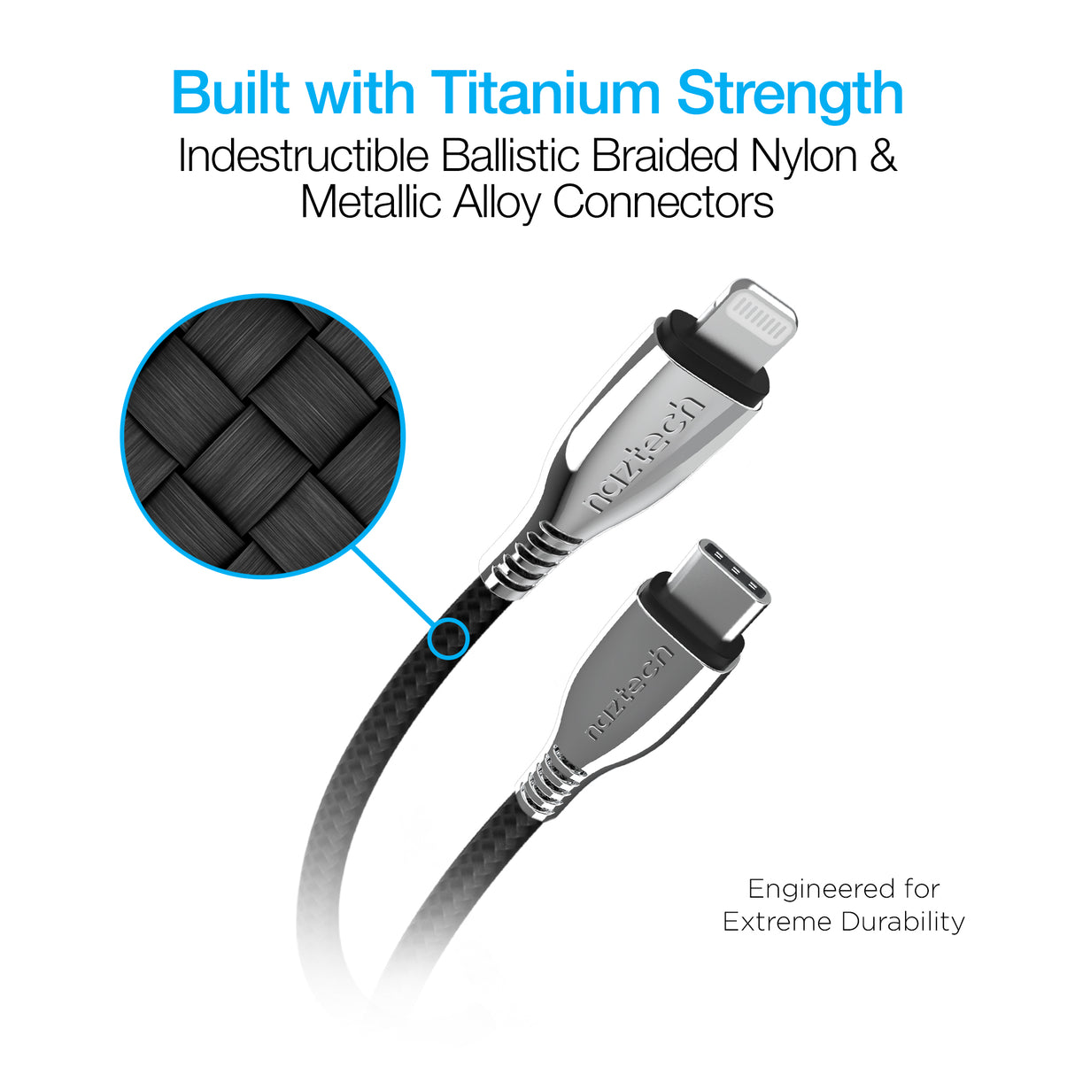 TITANIUM USB-C to MFi Lightning Braided Fast Charge Cable 6ft Black