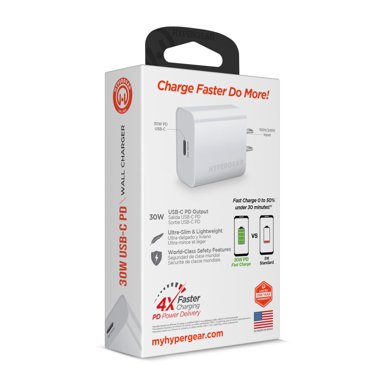 Cargador de pared HyperGear 30W USB-C PD Blanco