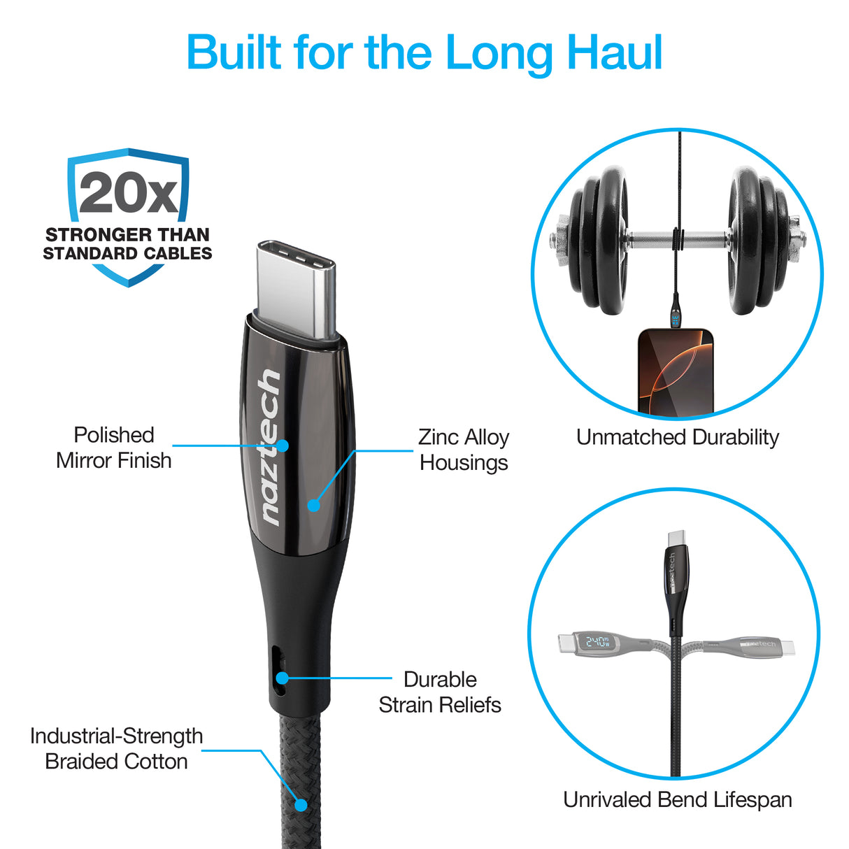 NAZTECH DigiWATT 240W USB-C to USB-C Digital Fast Charge Cable with LED Power Display