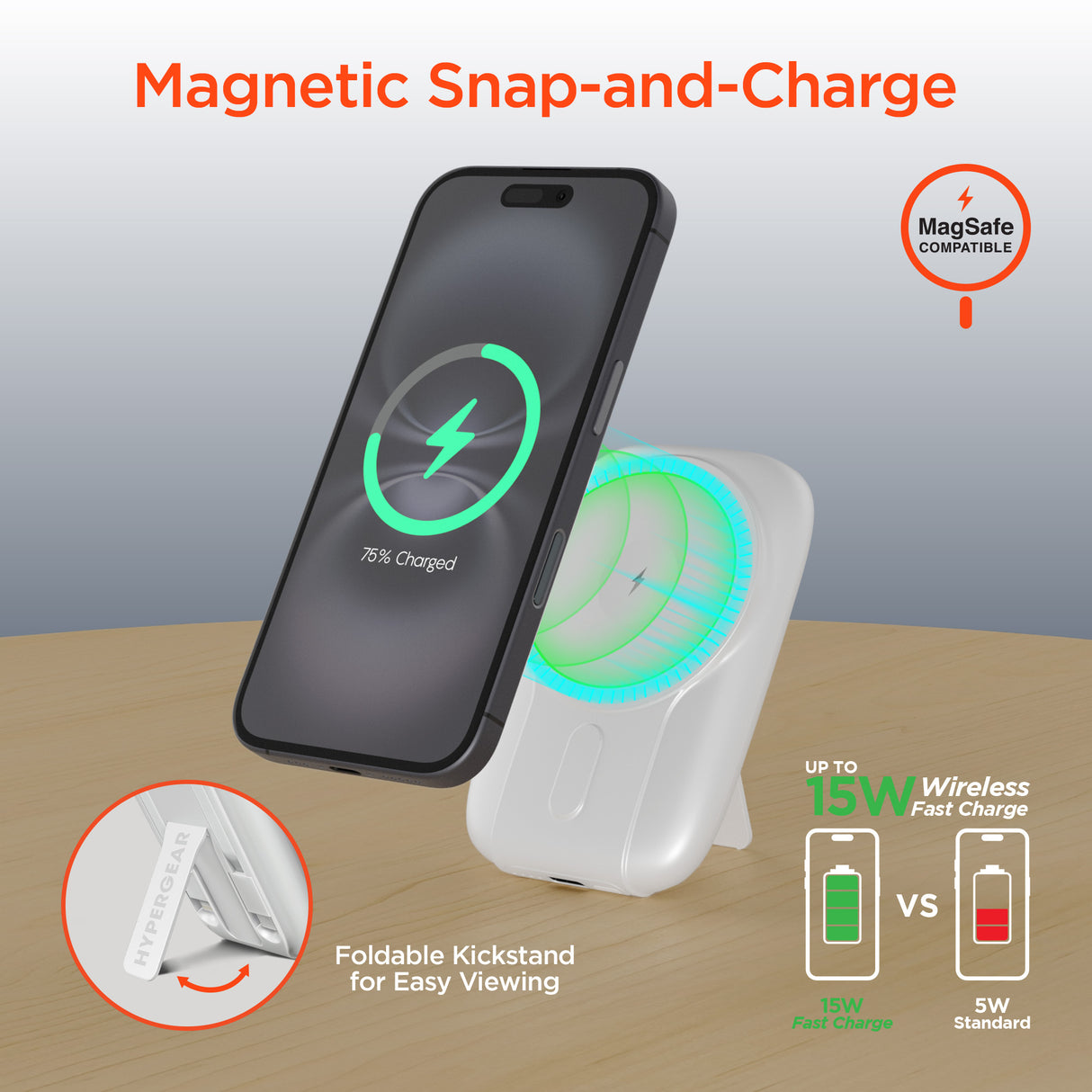 HYPERGEAR 5,000mAh Mag Grip Go Magnetic Wireless Fast Charge Power Bank with Built-In Cables