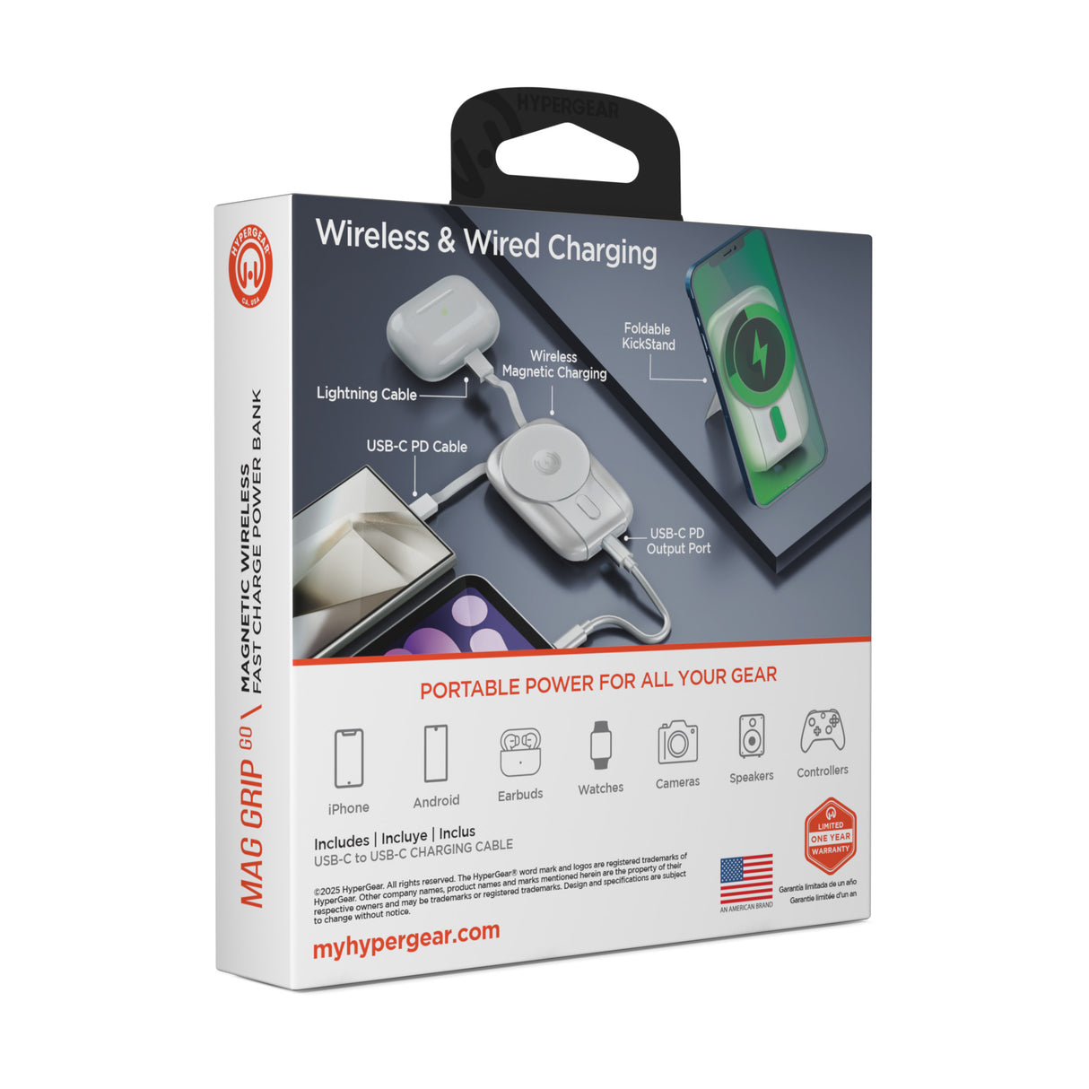 HYPERGEAR 5,000mAh Mag Grip Go Magnetic Wireless Fast Charge Power Bank with Built-In Cables