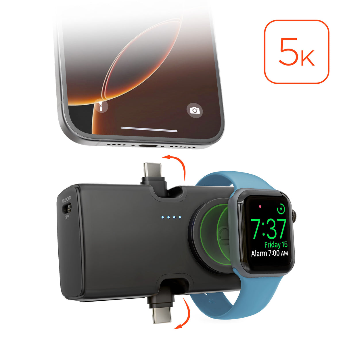 HyperGear 5 ,000mAh Power Pack Nano Ultra-Mini Power Bank with Built-In Apple Watch Charger