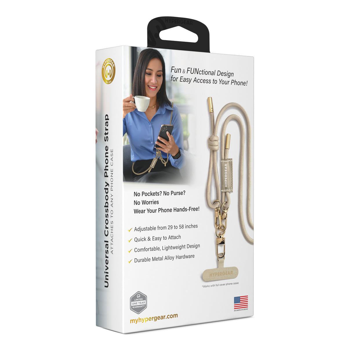 HyperGear TECHcessories | Universal Crossbody Phone Strap | Sand Braided Rope