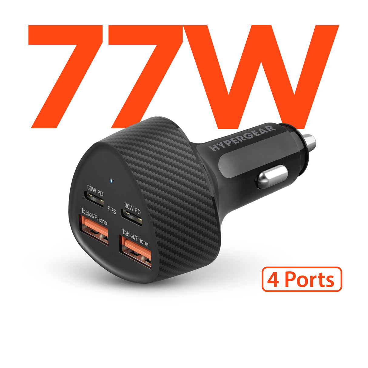 HYPERGEAR SpeedBoost 77W Quad-Port Fast Car Charger with Dual 30W
