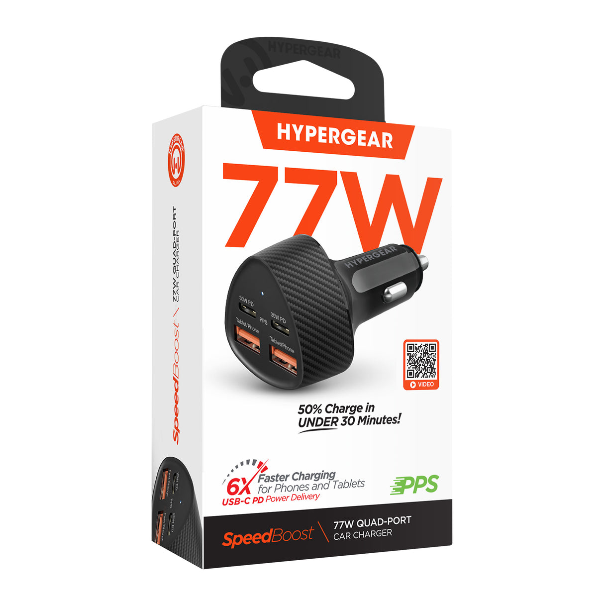 HYPERGEAR SpeedBoost 77W Quad-Port Fast Car Charger with Dual 30W