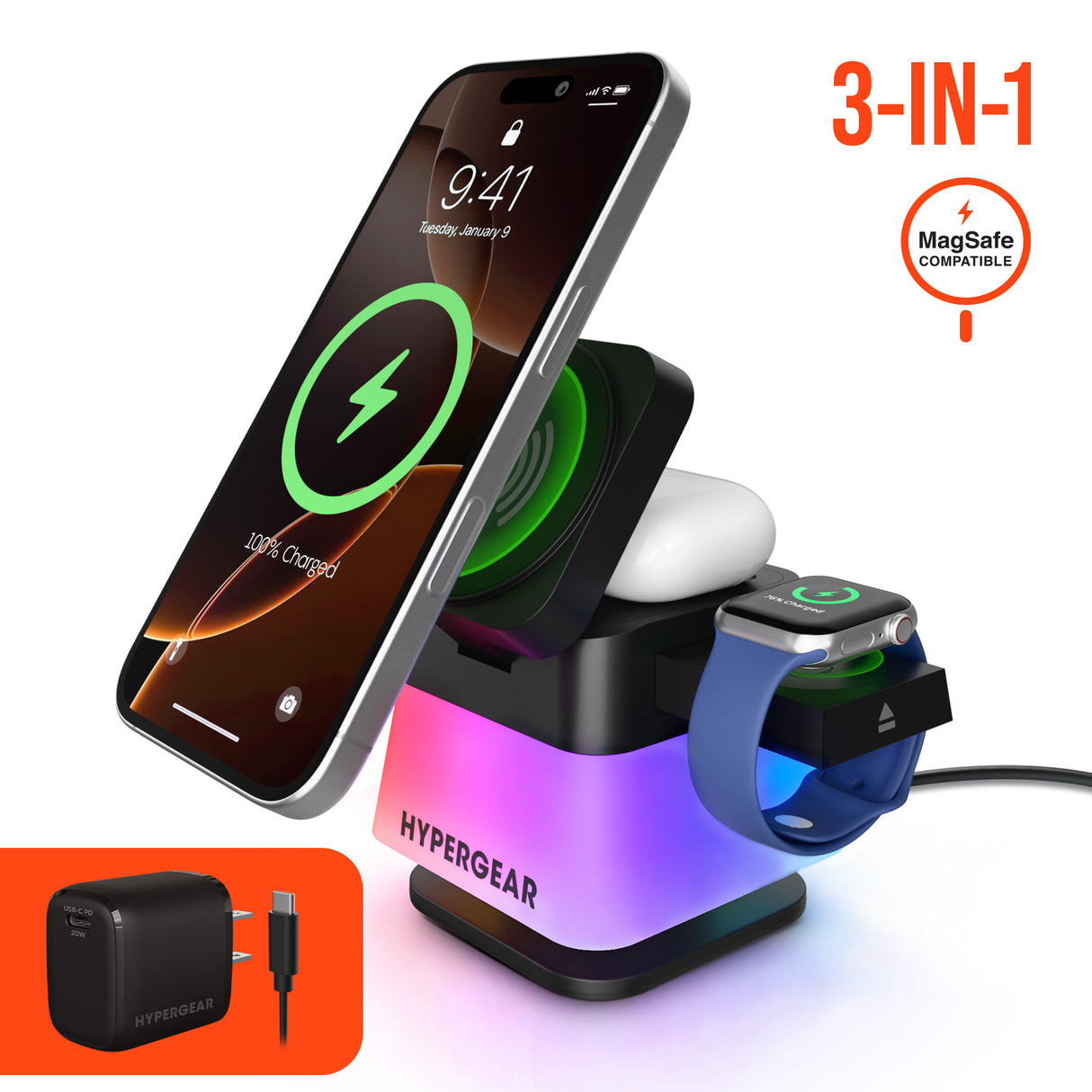 HYPERGEAR PowerFold Cube 3-in-1 Wireless Charging Stand with 15W Magnetic Wireless Fast Charge