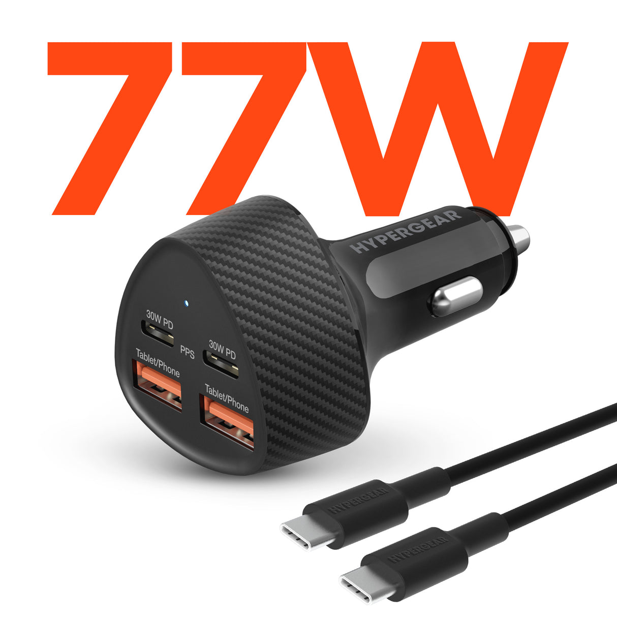HYPERGEAR SpeedBoost 77W Quad-Port Fast Car Charger with Dual 30W USB-C PD PPS  4ft USB-C Cable Black