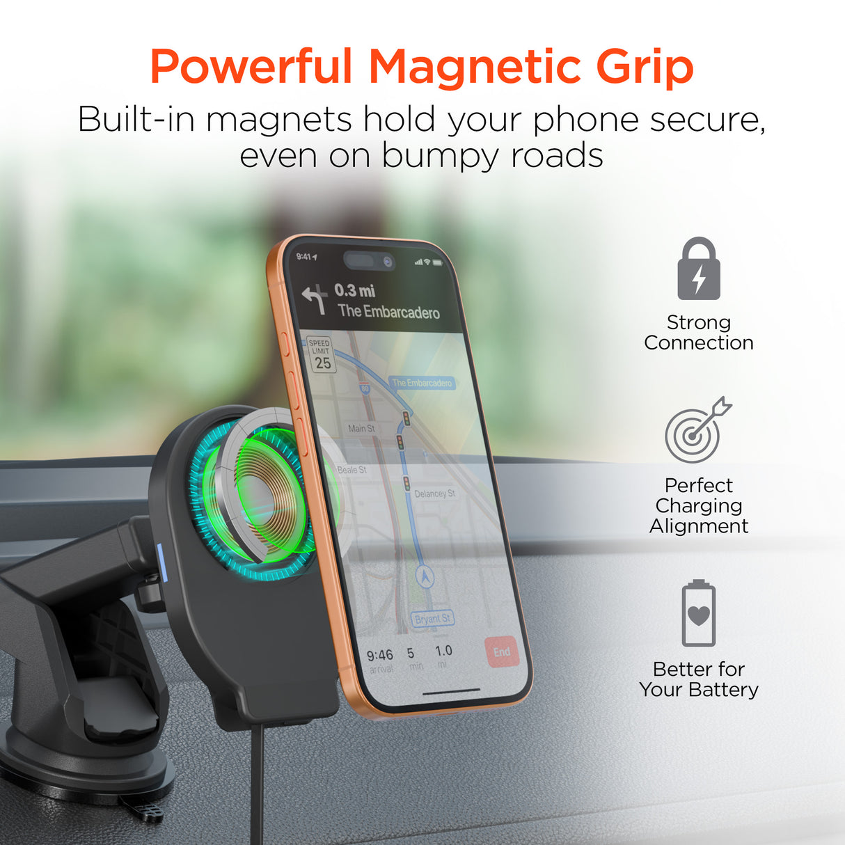 Mag Grip 15W Magnetic Wireless Fast Charging Phone Mount | Vent + Dashboard + Windshield | Black
