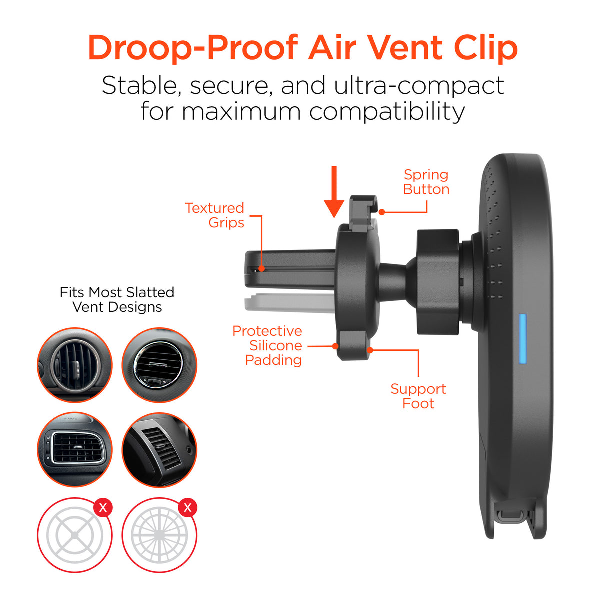 Mag Grip 15W Magnetic Wireless Fast Charging Phone Mount | Vent + Dashboard + Windshield | Black