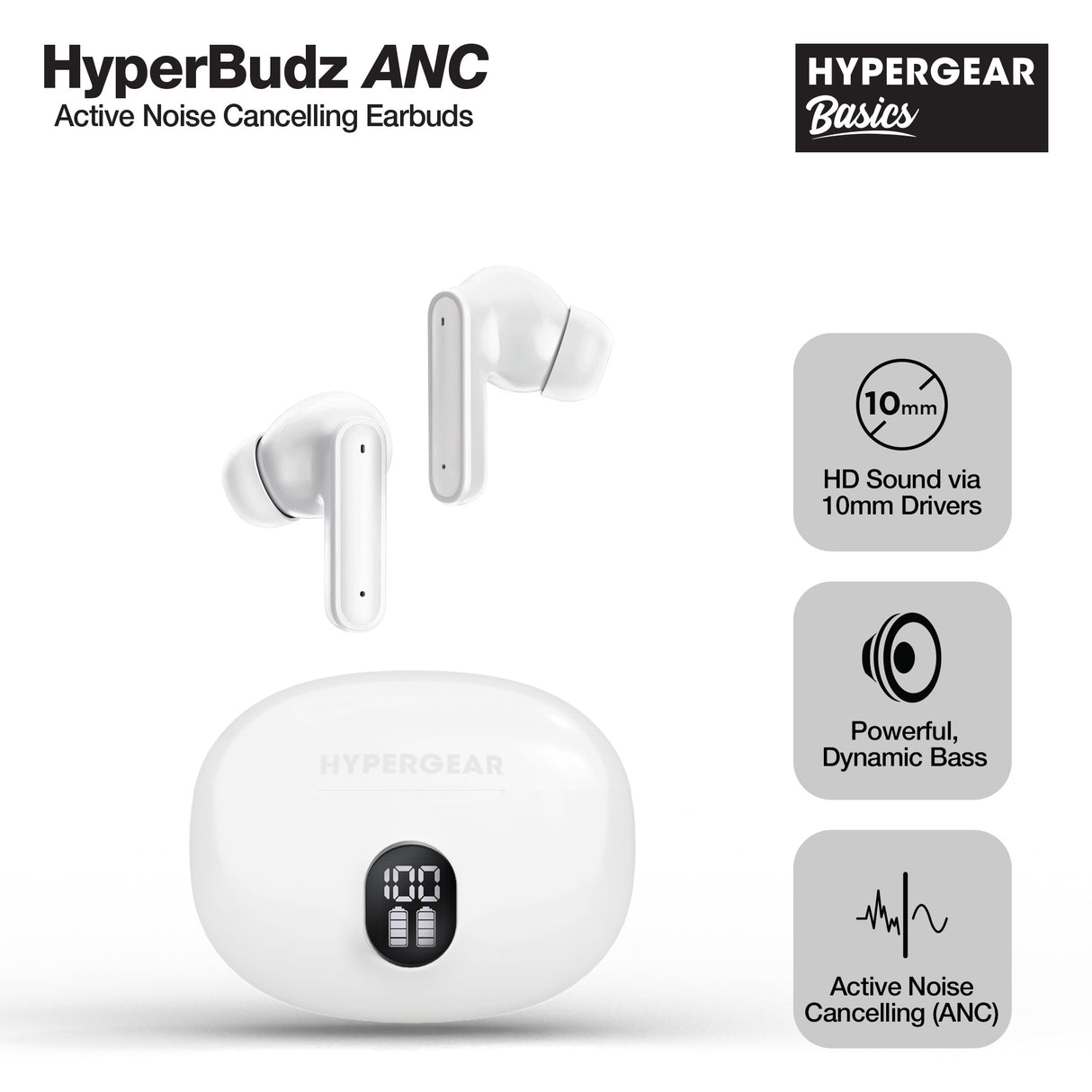 HyperGear HyperBudz ANC True Wireless Earbuds White