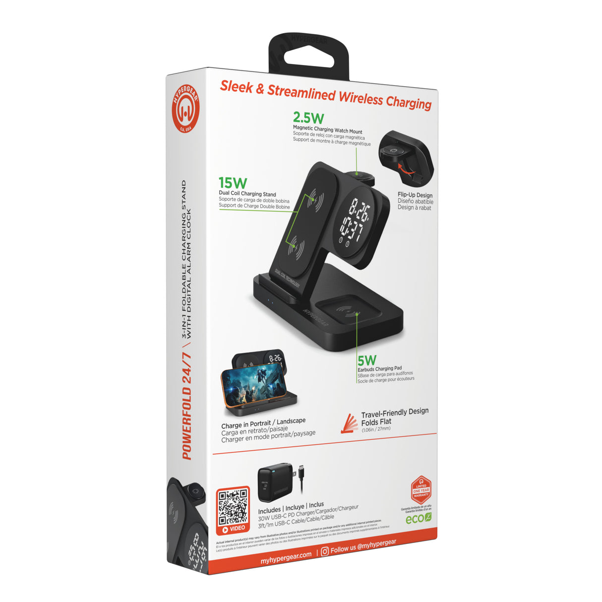 HyperGear PowerFold 24/7 Charging Stand With Clock Black