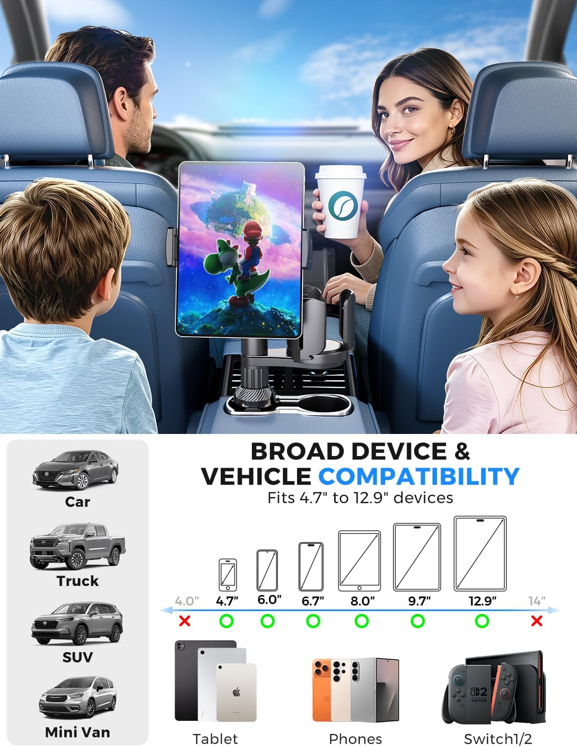 2-in-1 Tablet Cup Holder Mount, Extra Drink Holder for Car Truck iPad Stand