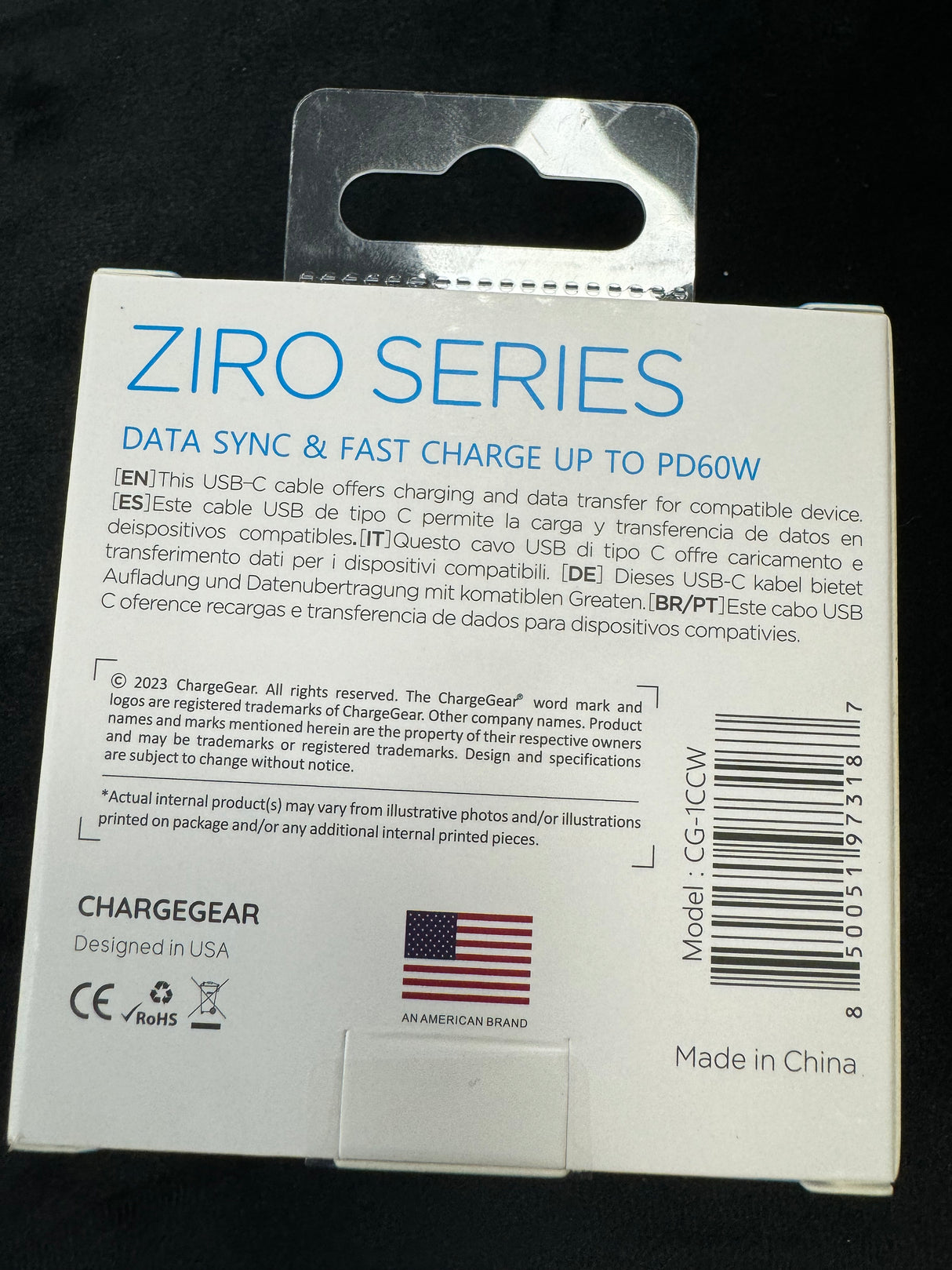 CHARGE GEAR ZIRO 2M USA-C TO USB-C CABLE